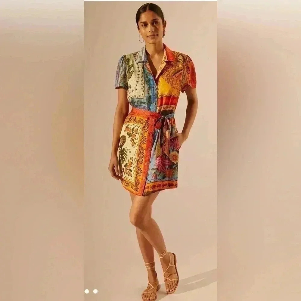 Farm Rio Anthropologie Printed Shirt Mini Dress Button Up Collared Short Sleeve - Picture 3 of 8